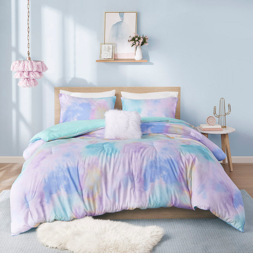 Full/Queen Watercolor Tie Dye Printed Comforter Set with Throw Pillow