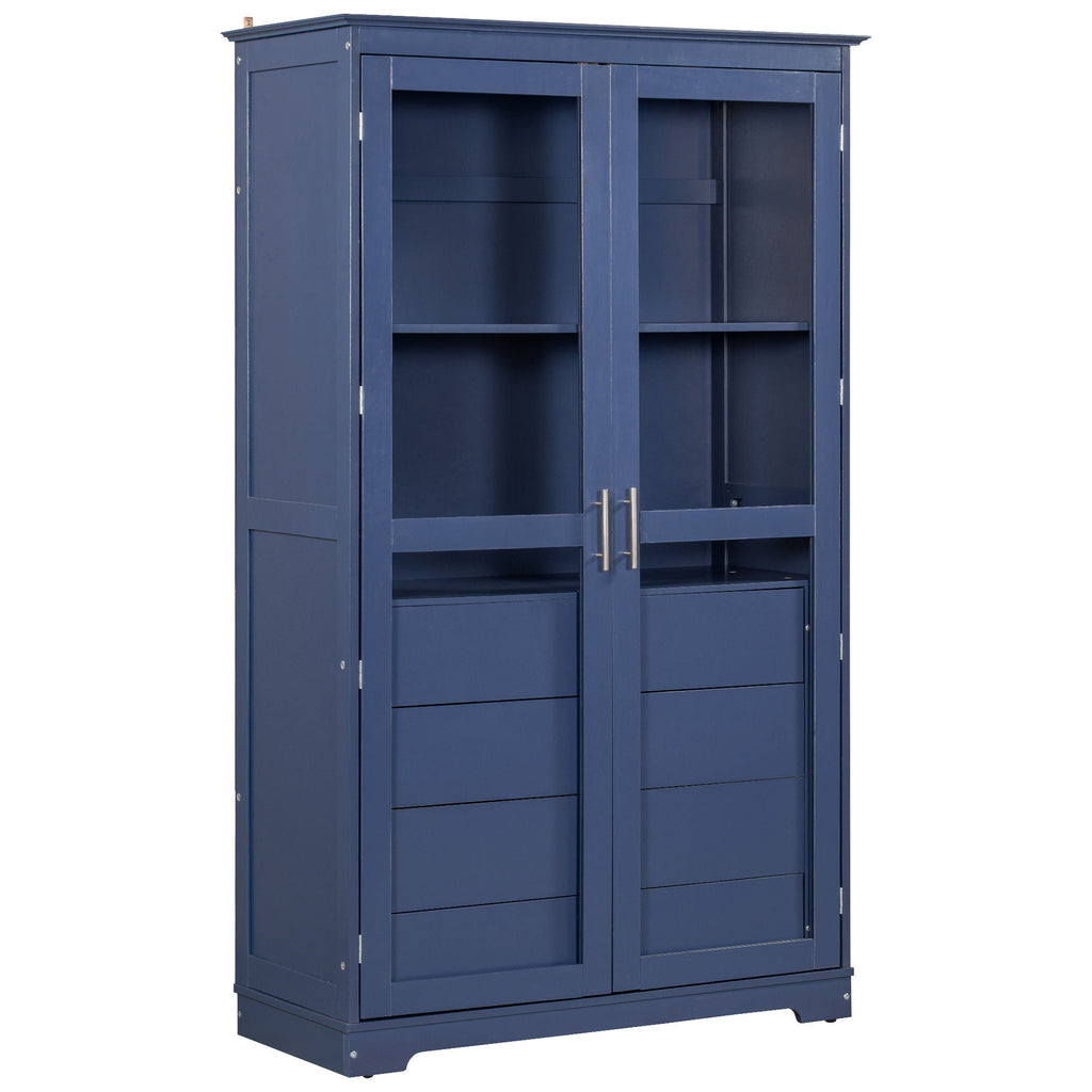 Kitchen Pantry, Freestanding Kitchen Storage Cabinet Display Cabinet With Glass Doors And 4 Built In Drawers For Living Room, Home Office - Blue