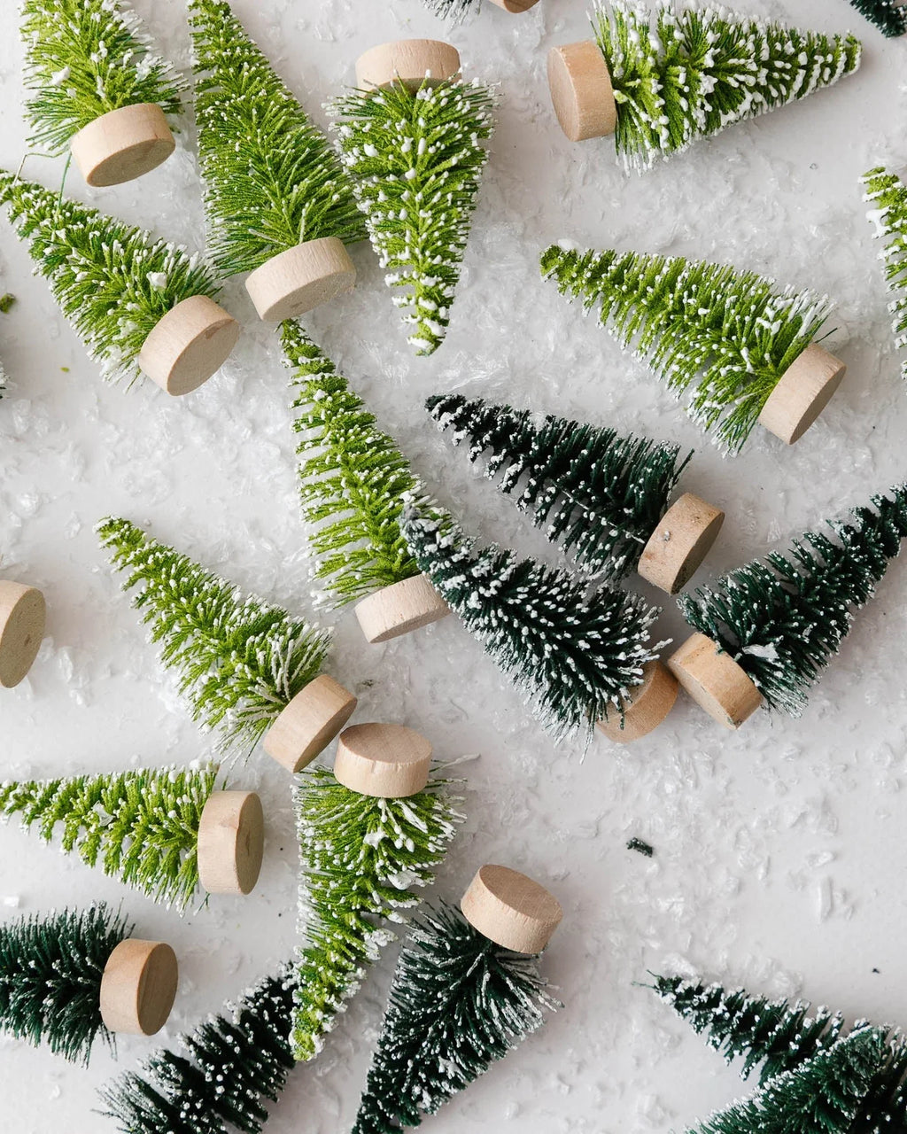 Flocked Mini Green Bottle Brush Trees (Set of 24)