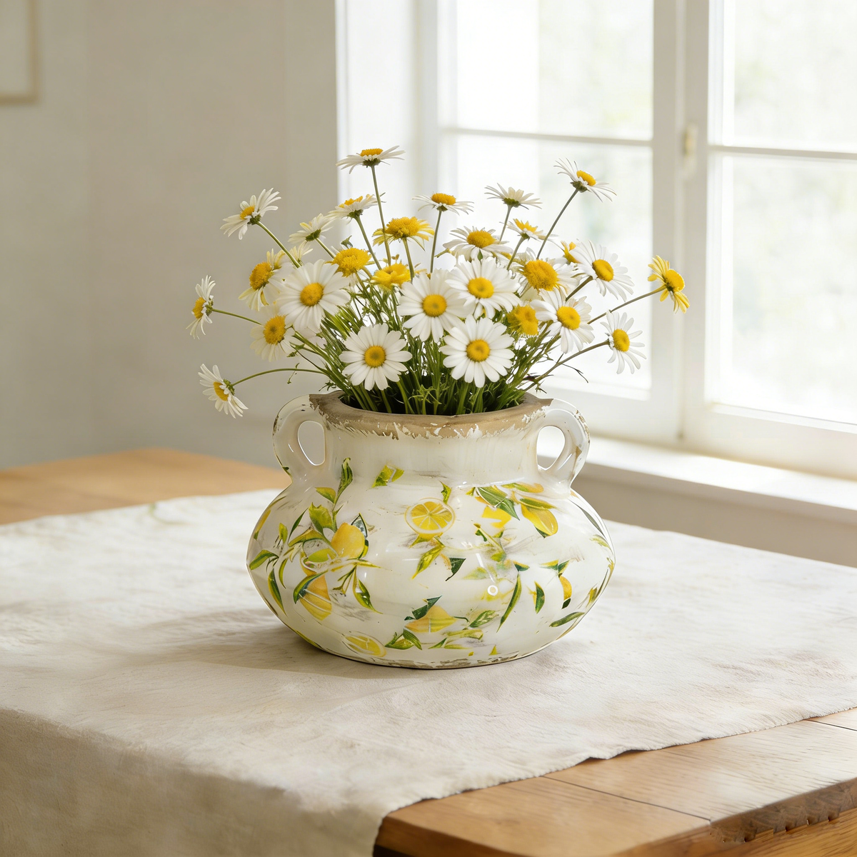 8.1x8.1x5.2" Ceramic Planter with Yellow Lemon and Green Leaf Motif