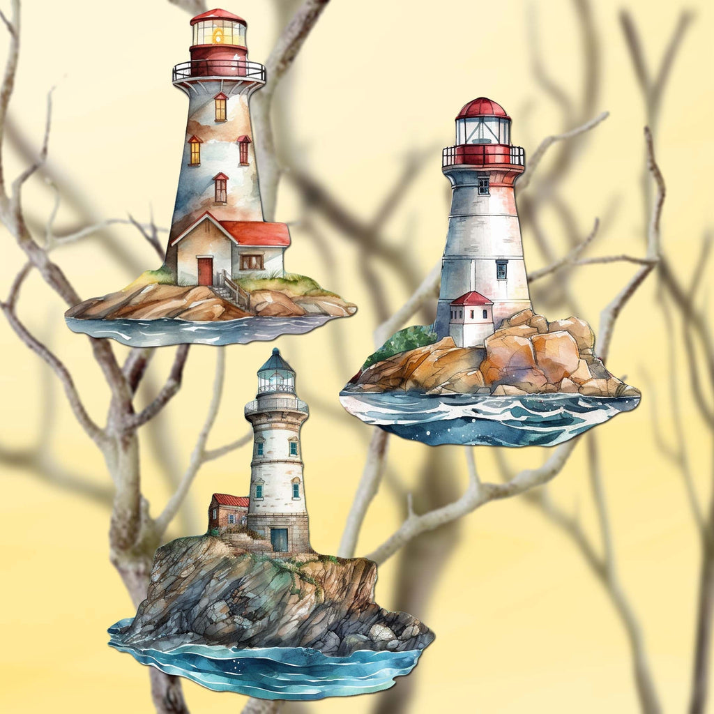 Lighthouse Clip-On Eco Wood Decorative Ornaments Set of 3 by G. Debrekht - Coastal Decor - 8091022C-S3