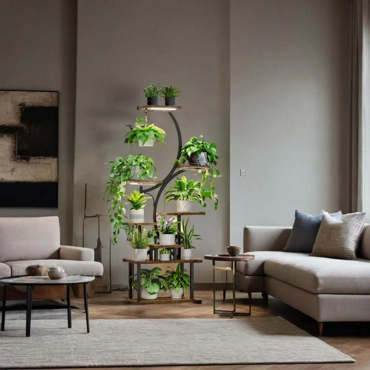8 Tier Indoor Plant Stand With Grow Lights, S Shaped Metal Shelf For Multiple Plants - Black / Dark Walnut