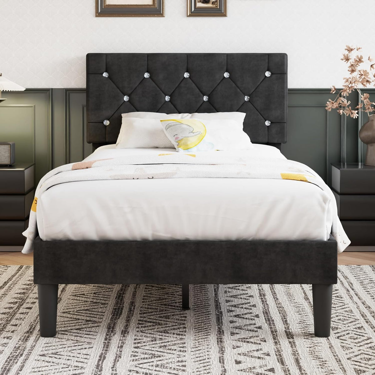 Twin Size Bed Frame, Upholstered Platform with Adjustable Diamond Tufted Headboard, Wood Slat Support, No Box Spring Needed, Velvet & Black