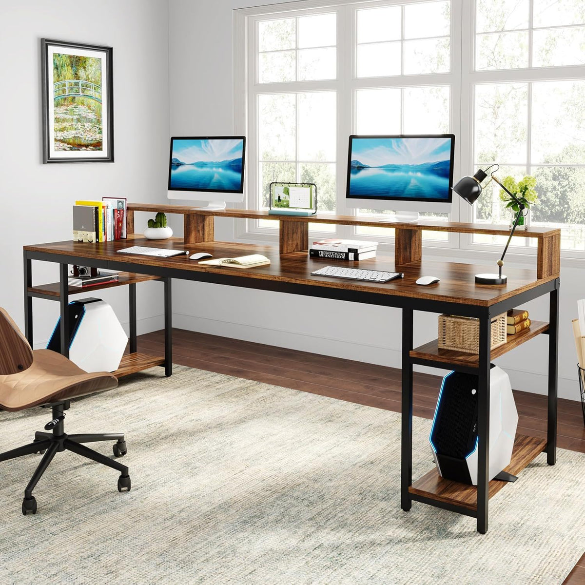 2 Person Desk With Monitor Stand, Long Office Workstation With Dual Storage Shelves And Frame - Brown / Black
