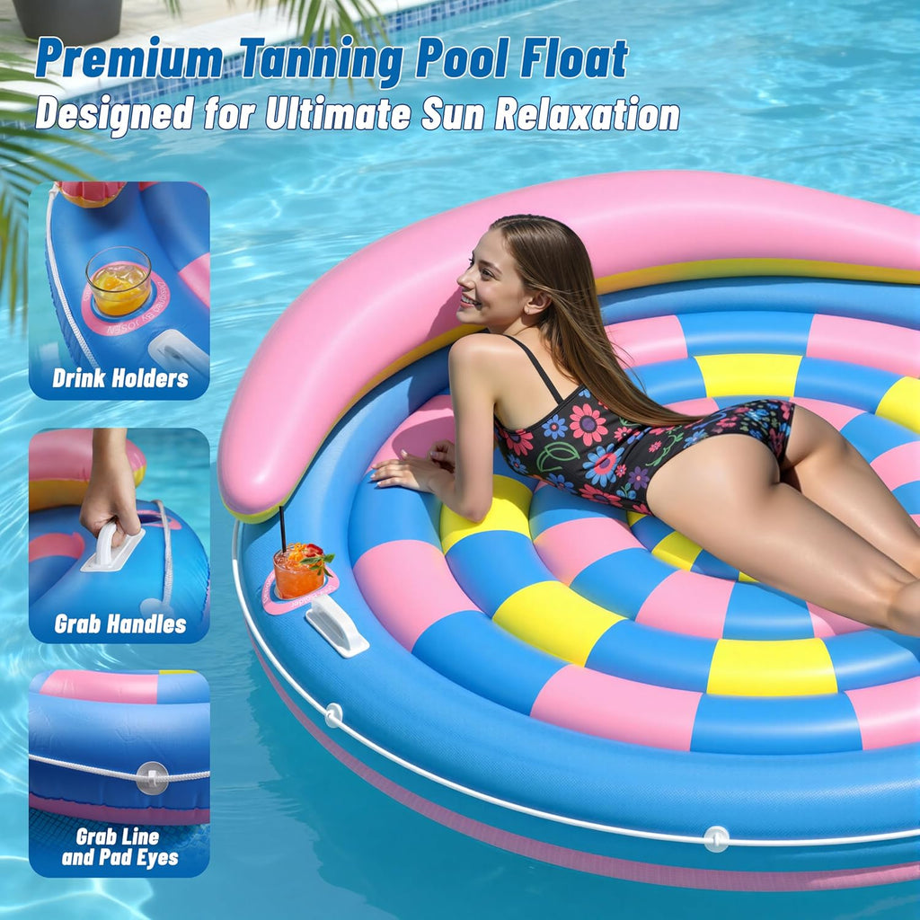 Pool Floats Adult, Inflatable Tanning Pool - Extra Large Pool Floats for Adults Heavy Duty, round Pool Rafts, River Lake Floaties Water Floats with Cup Holders