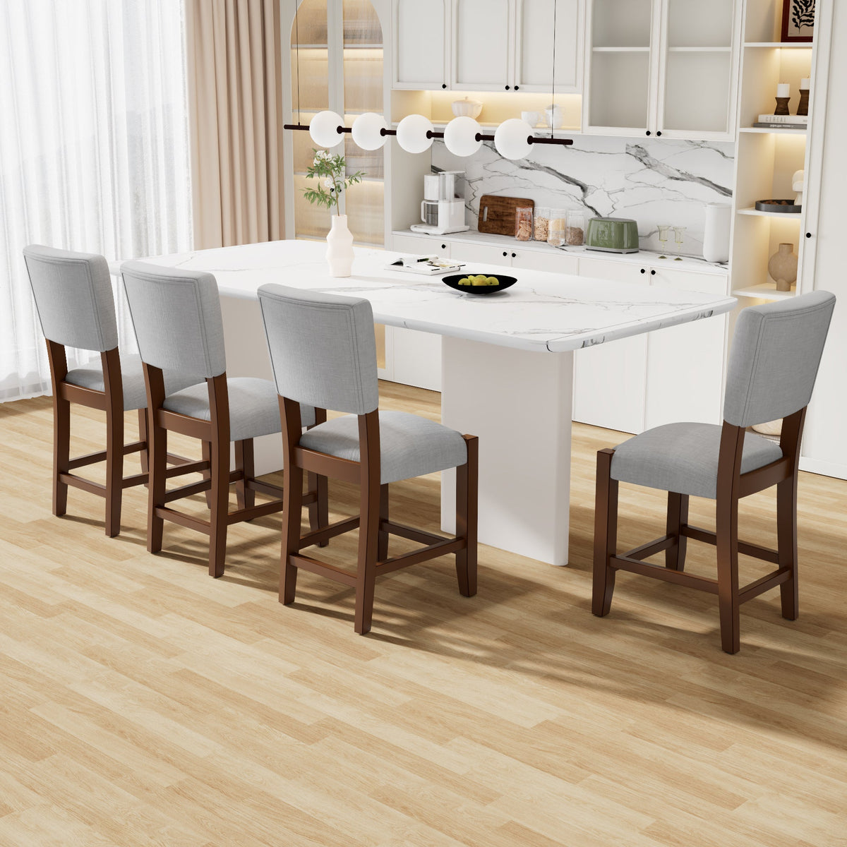 Set of 4 Mid-Century Modern Linen Upholstered Bar Stools