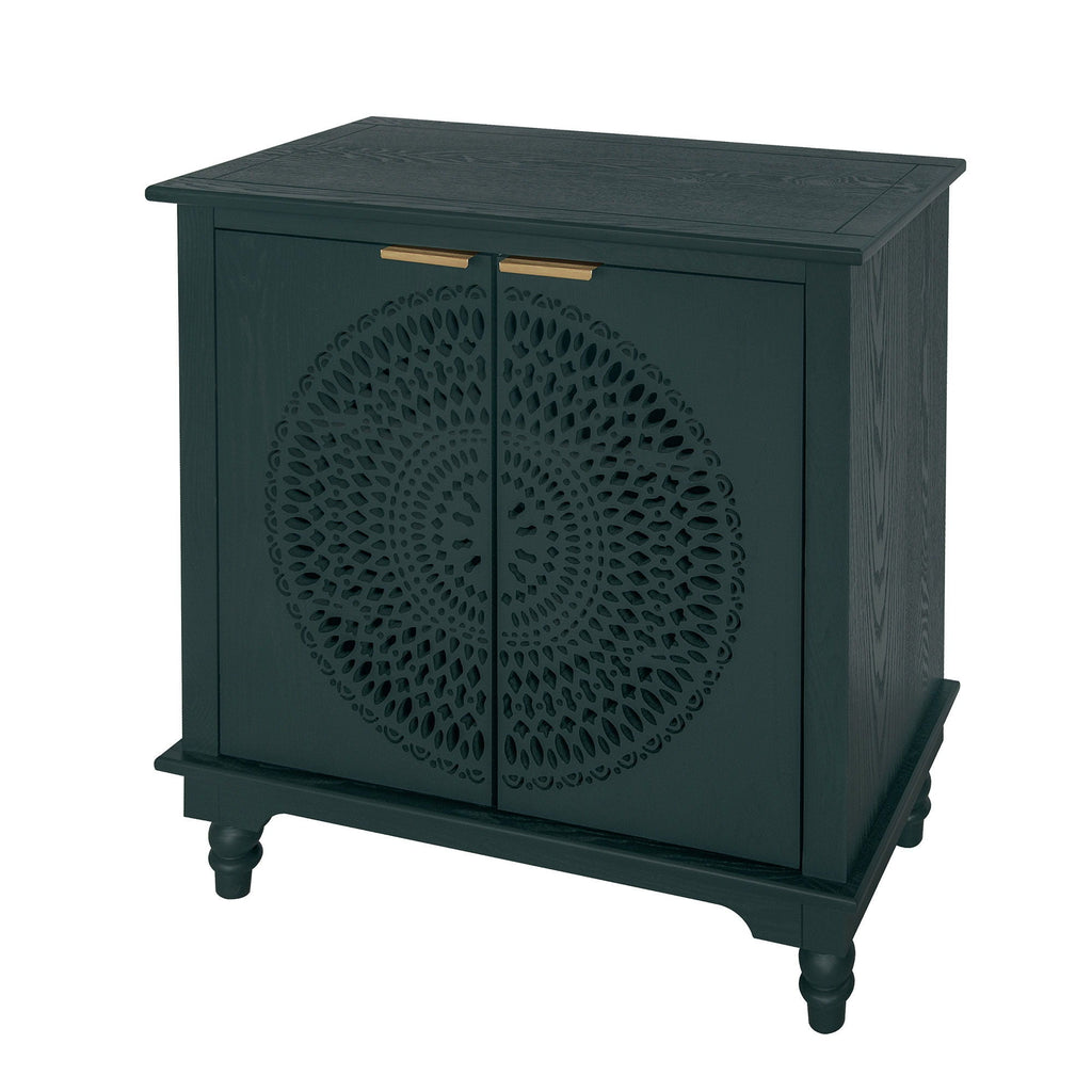 Hollow Carved 2 Door Accent Cabinet With Adjustable Shelf, Sideboard Buffet For Entryway, Living Room Or Bedroom - Blackish Green