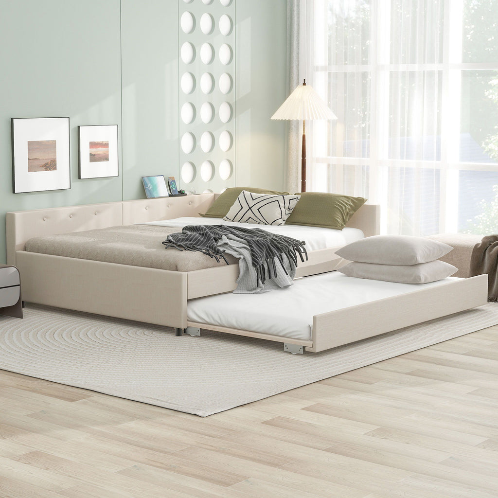Queen Size Upholstered Platform Bed With USB And Twin Trundle - Beige