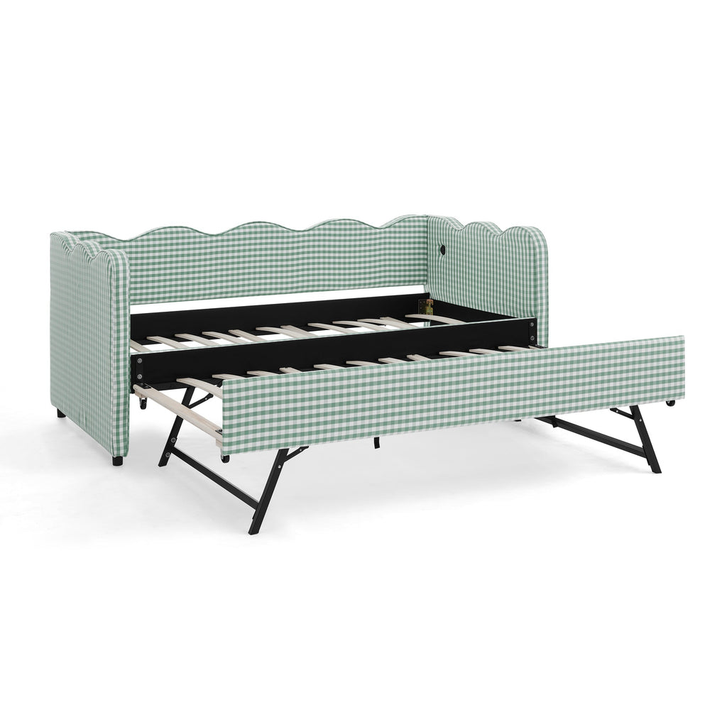 Cozy Gingham Daybed with Trundle Twin Size Sofa Bed No Box Spring Needed