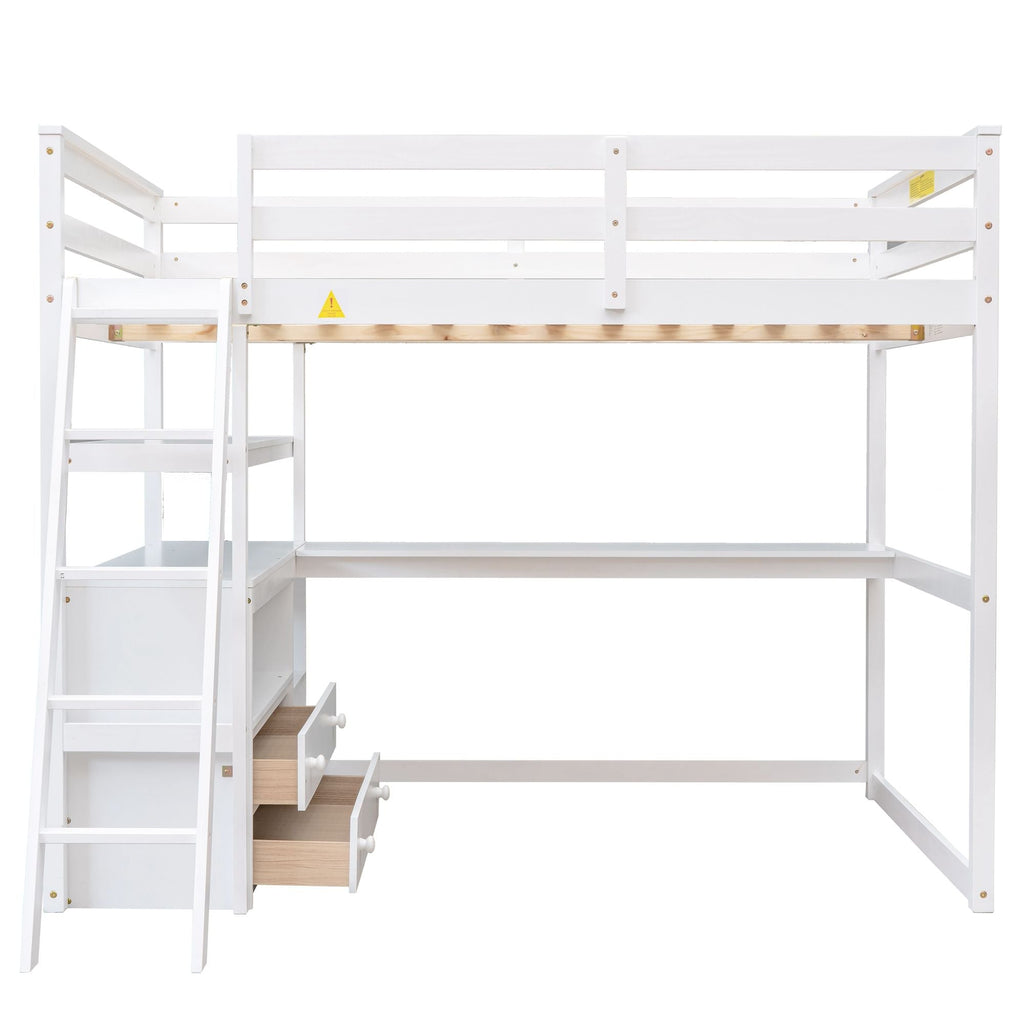 Modern Loft Bed With Built In Desk, Shelves, And 2 Drawers