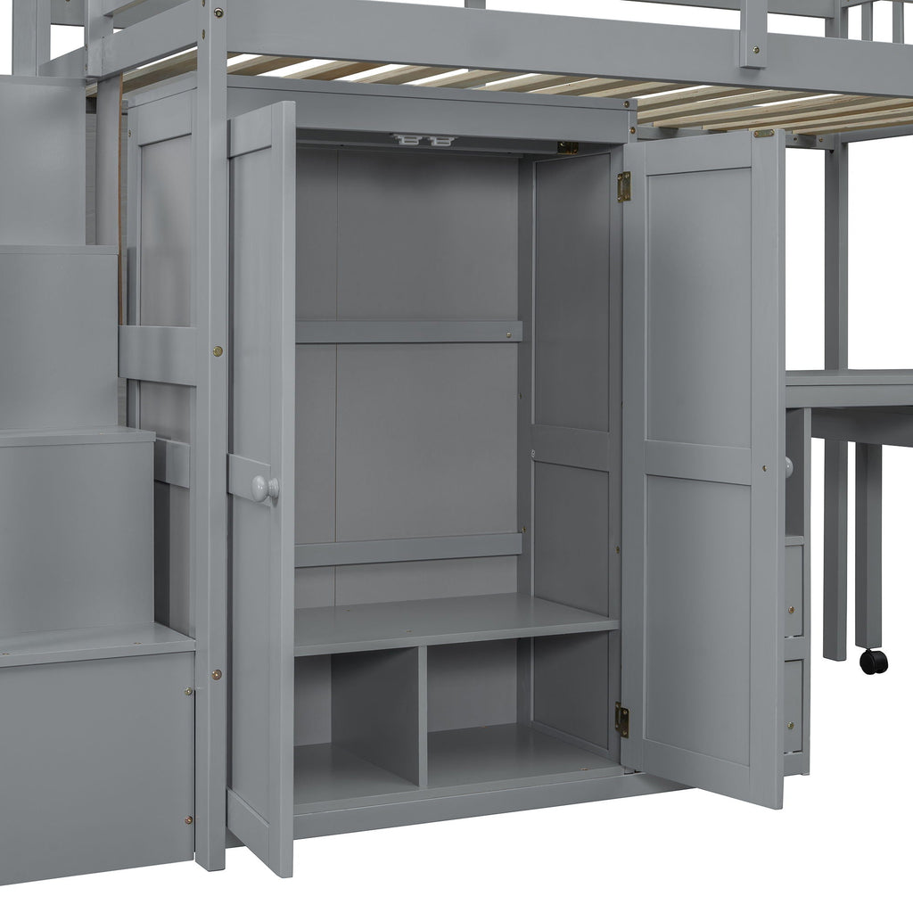 Loft Bed With Stairs, Bookshelf, Drawers, Desk & Wardrobe, Space Saving Multifunctional Furniture