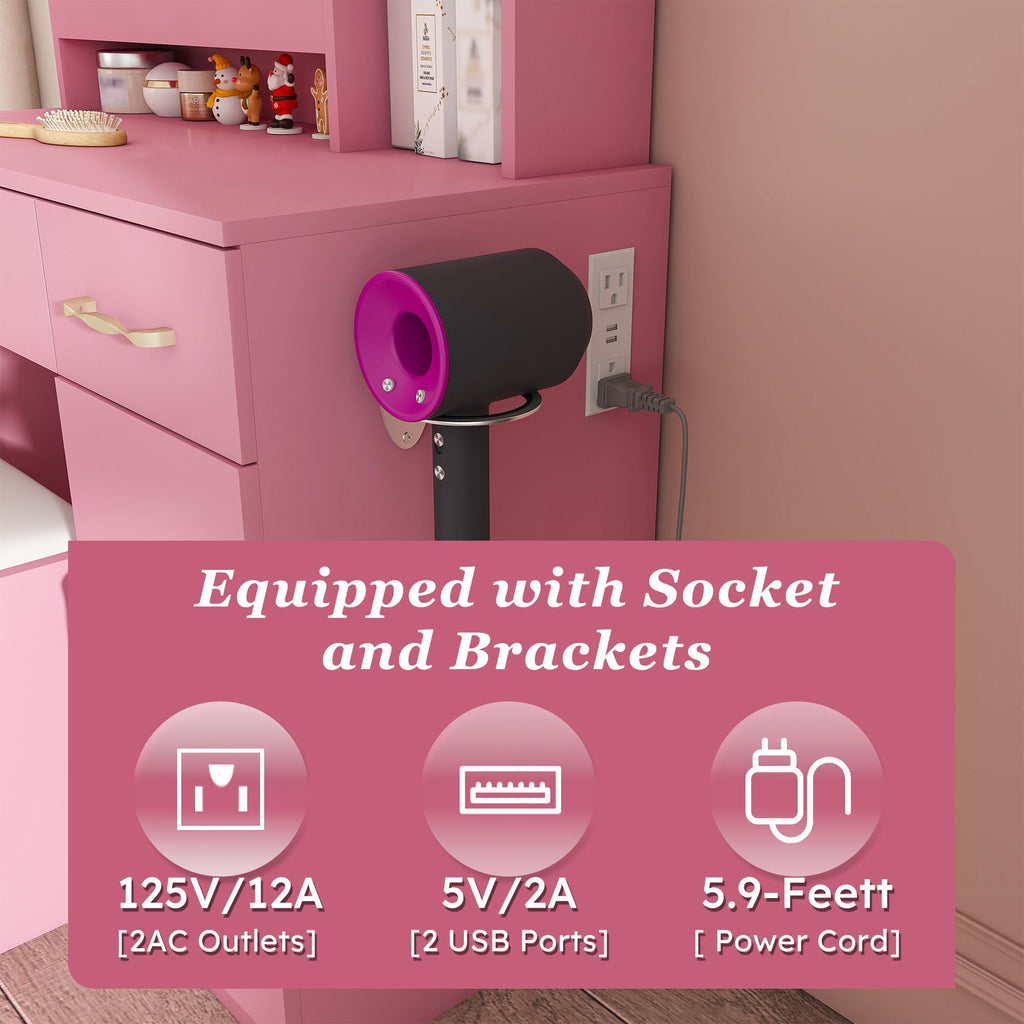 Vanity Desk With LED Mirror Lights And Power Outlet Charging Station, 3 Drawers, 7 Shelves, Storage Stool - Pink