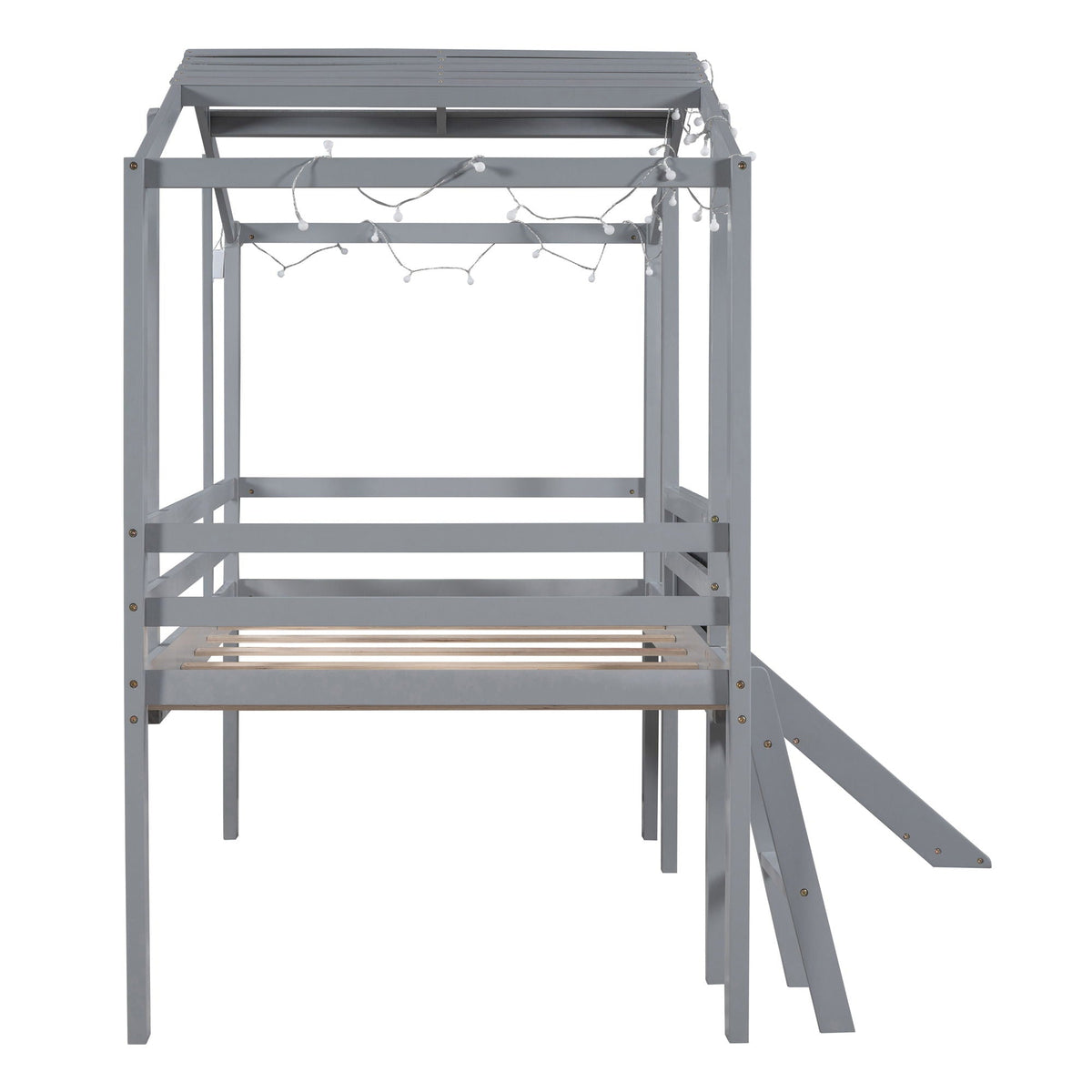 Loft House Bed With Ladder And Slide, With board And Light Strip On The Roof