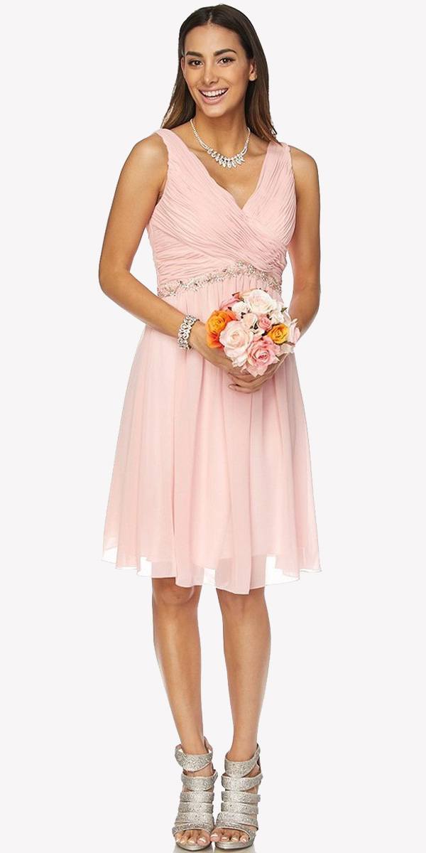 Juliet 786 Ruched V-Neck Cocktail Dress Embellished Waist