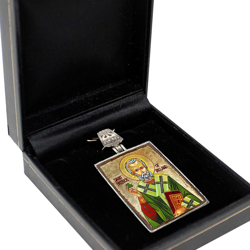 Saint Patrick Religious Jewelry Silver Plated Necklace, Gold-Plated Wooden Cabochon - Celtic Sacred Icon - Celtic Decor - 43060R