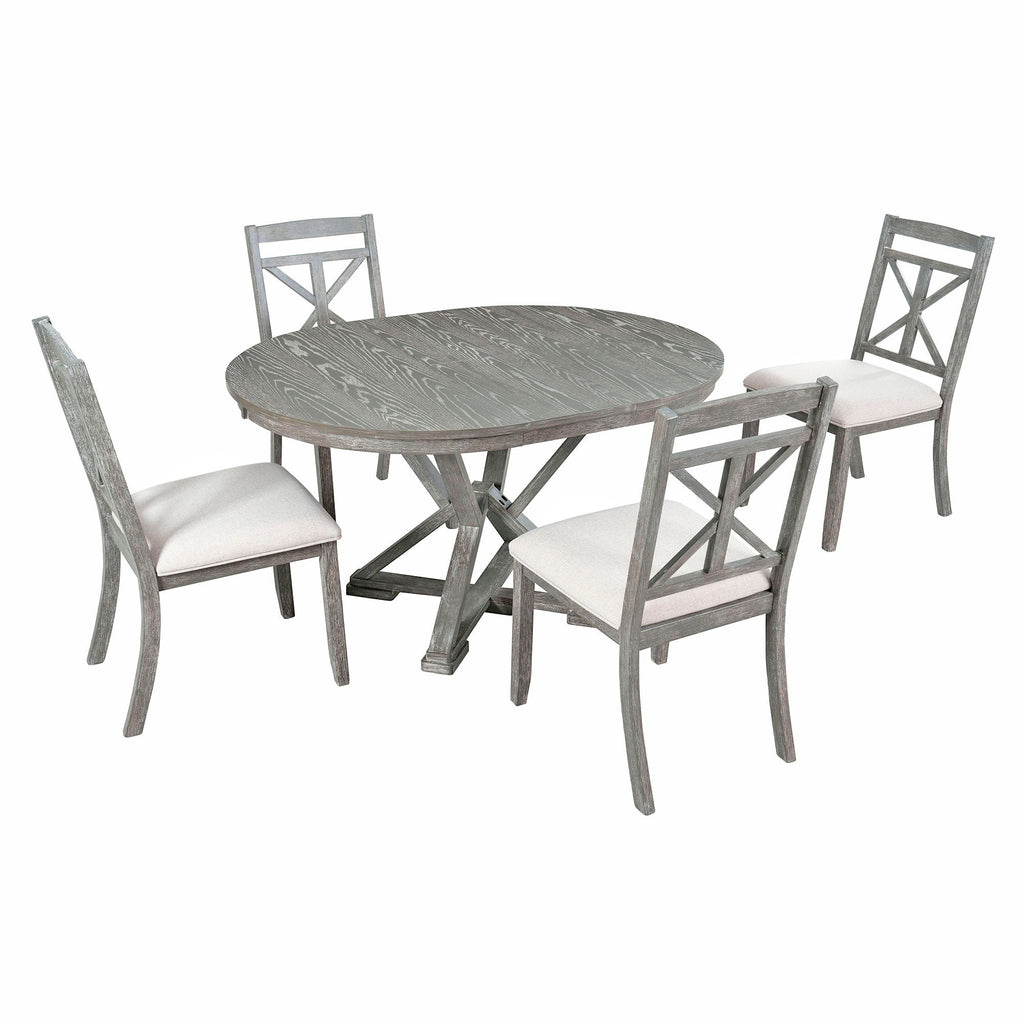 Dining Set With Extendable Round Table And 4 Upholstered Chairs