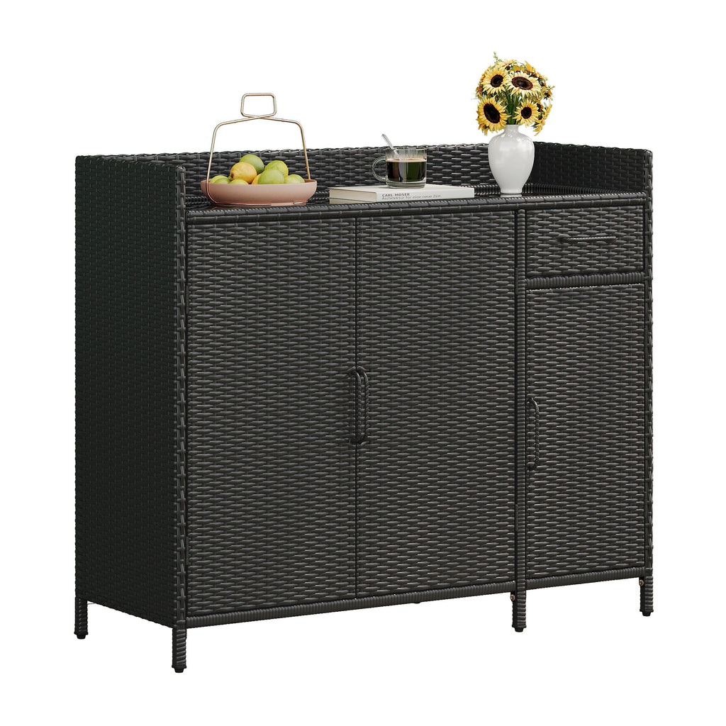 K&K 47.5"W Wicker Outdoor Storage Cabinet with Tempered Glass Top