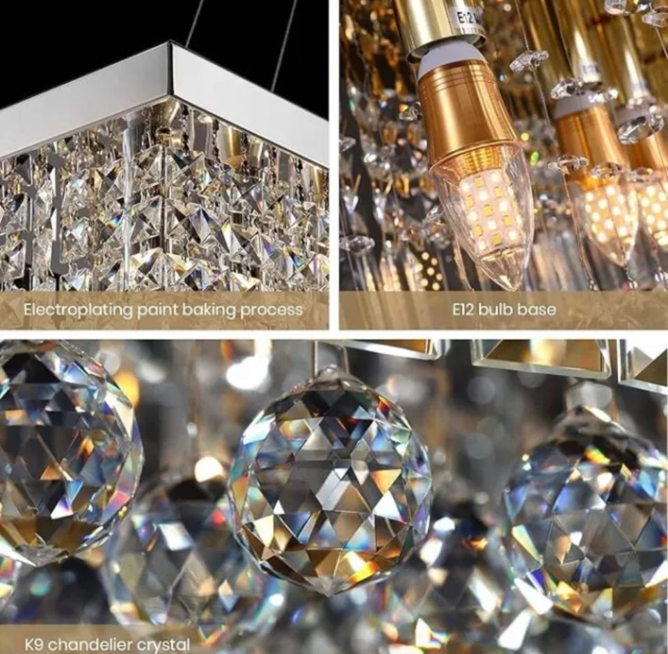 Open Box 7PM Rectangle K9 Crystal Chandelier Modern Rectangular Pendant Light Fixture for Dining Room Kitchen Island Chrome L31.5 x W10 x H10