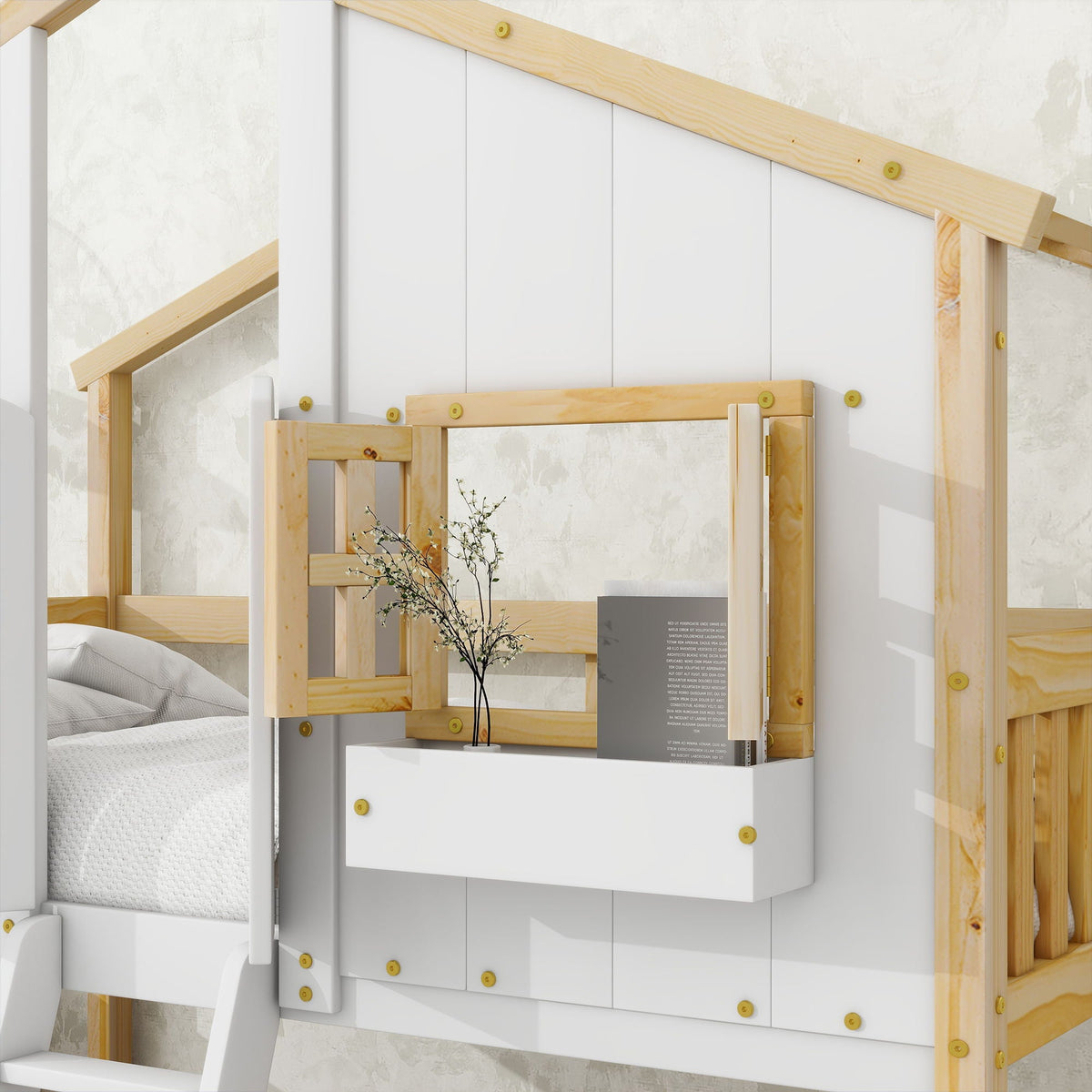 House Bunk Bed With Roof, Window, Window Box, Door, With Safety Guardrails And Ladder