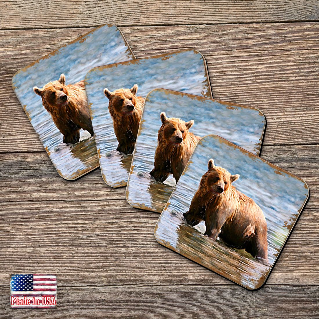 Bear Wooden Cork Coasters Gift Set of 4 by Nature Wonders - Nature Wildlife Decor  - 95297C-S4