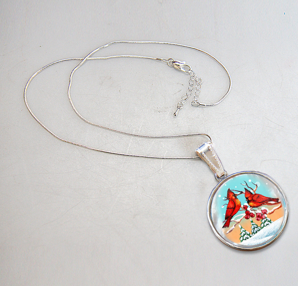 Red Robins Silver Plated Mother of Pearl Jewelry Pendant Necklace - 44036