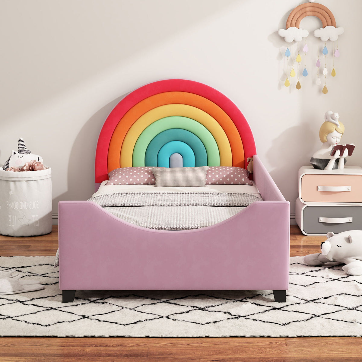 Rainbow Upholstered Twin Daybed Low To The Ground Design Cute Style Princess Bed - Colorful / Pink