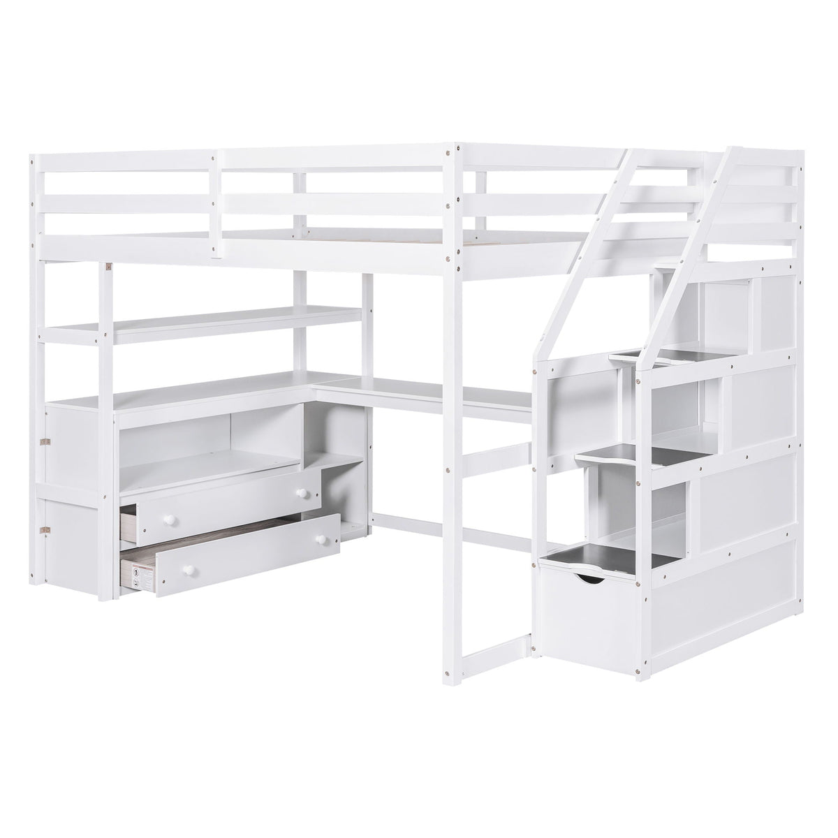 Loft Bed With Desk, Shelves, 2 Drawers, Storage Staircase