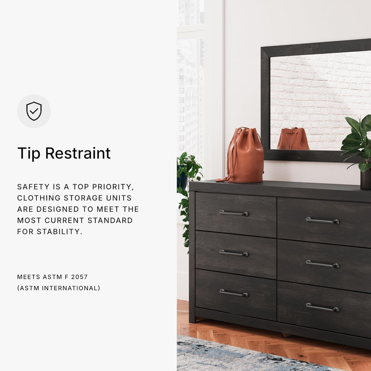 Signature Design by Ashley Delmorta Rustic 6-Drawer Dresser and Mirror with Anti-Tipping Restraint, Black