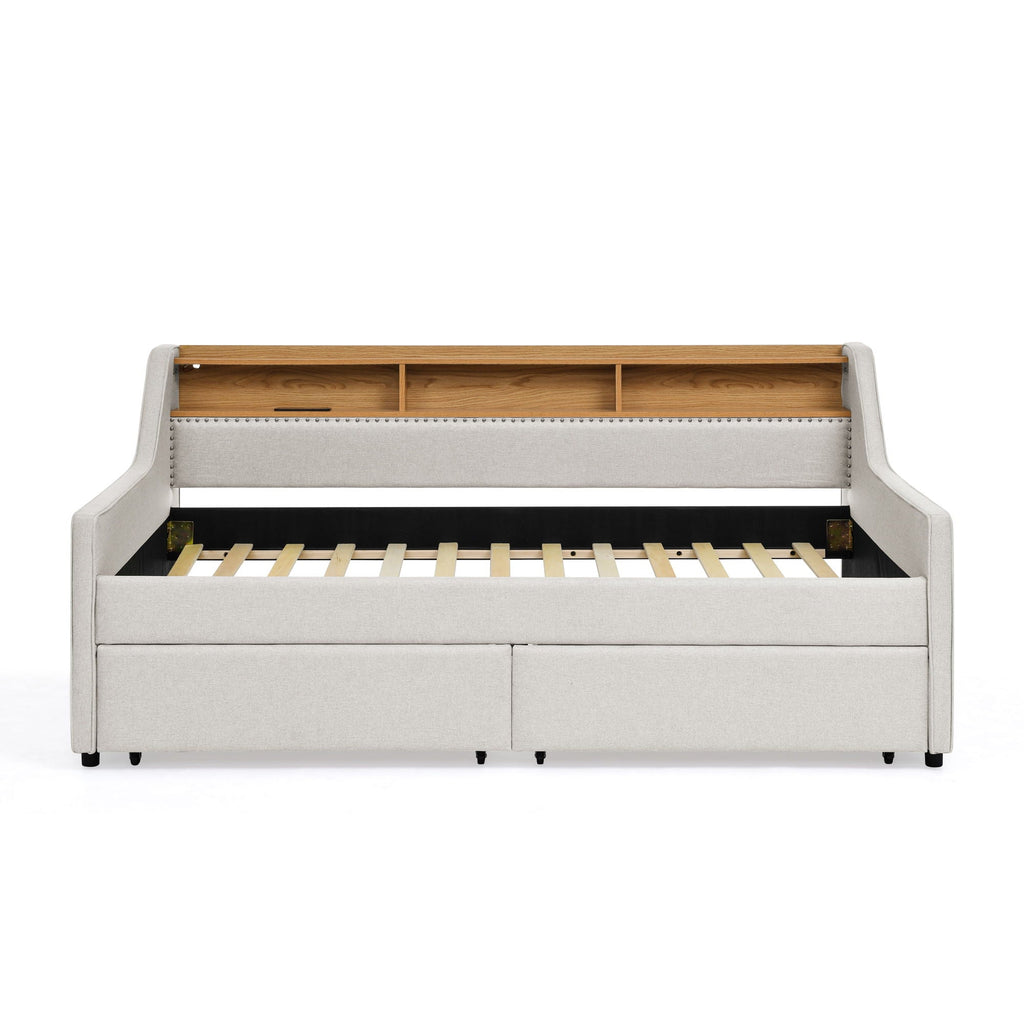Twin Upholstered Sofa Bed With LED Lights, Storage Drawers, Adjustable Headboard & Wireless Charging - Beige