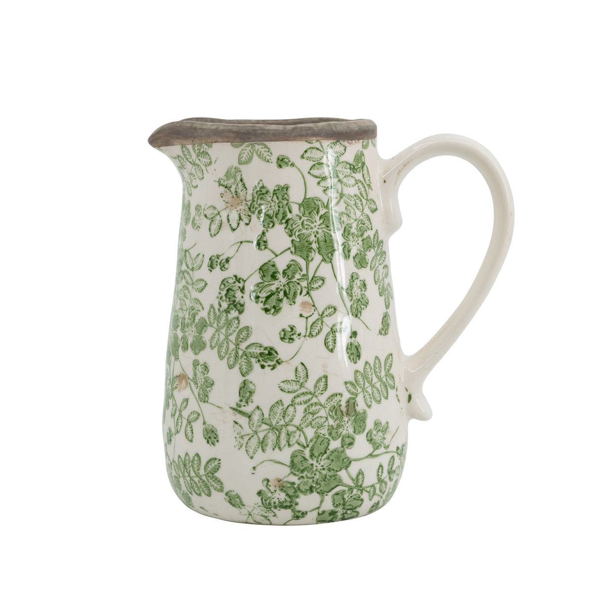 6.3x4.5x7.1' White Ceramic Pitcher Vase with Green Floral Pattern