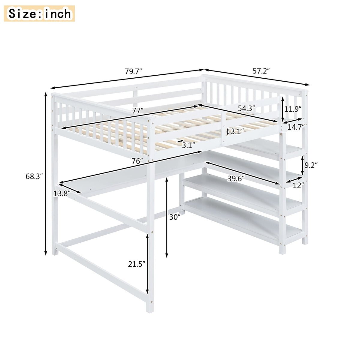 Loft Bed With Storage Shelves And Under Bed Desk