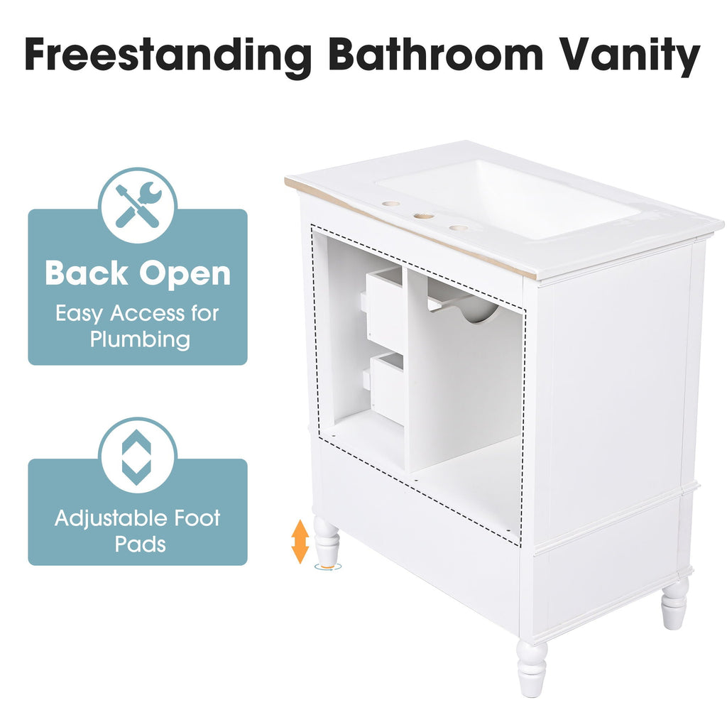 30" Bathroom Vanity With Sink, 3 Drawers, Adjustable Feet