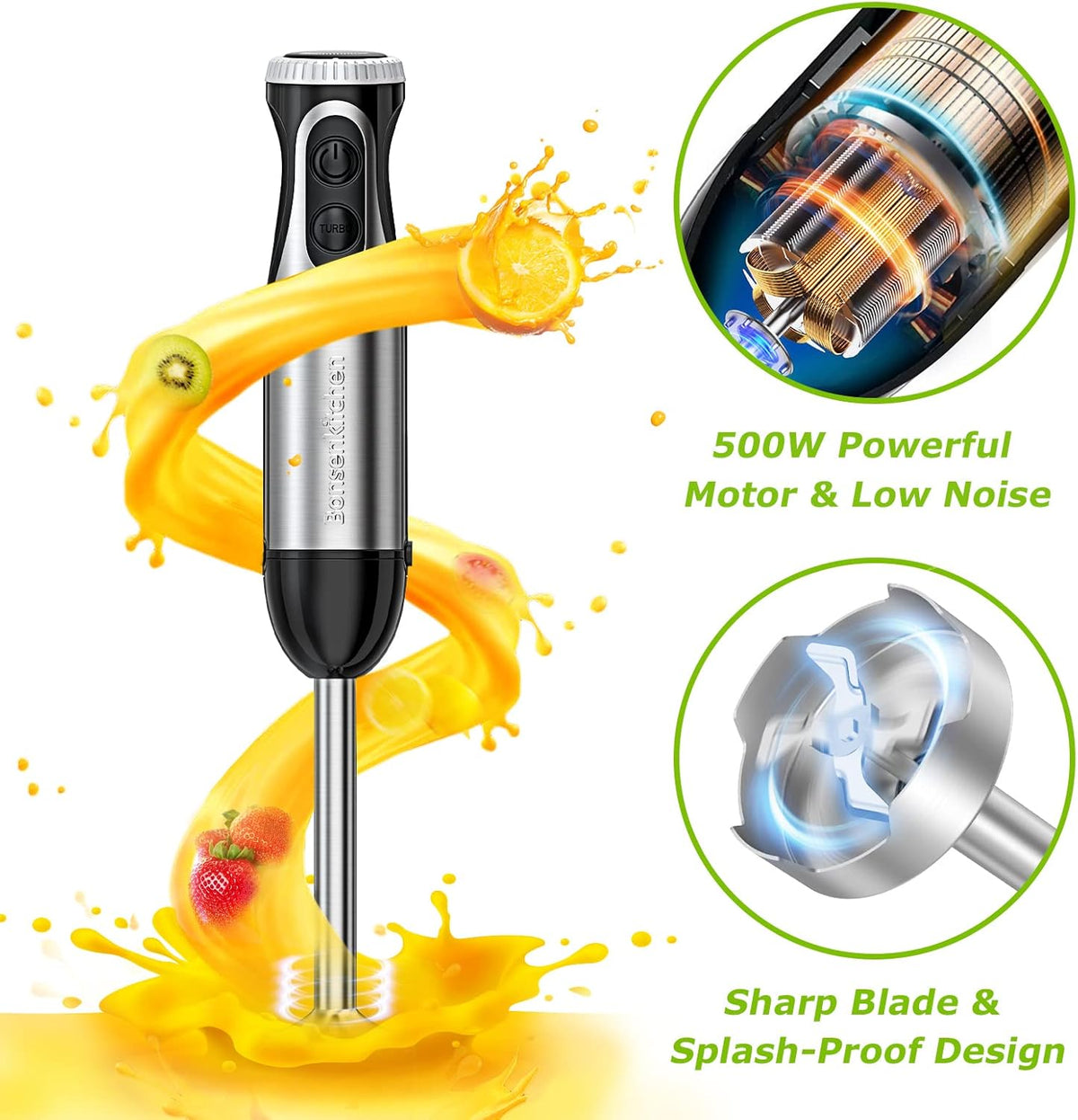 Powerful 4-in-1 Immersion Blender with 20 Speeds, Turbo Function, and Stainless Steel Attachments for Effortless Mixing, Chopping, and Whisking
