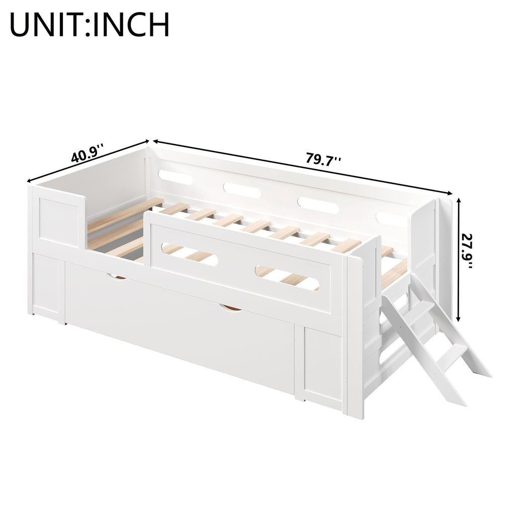 Platform Bed With Guardrail And Drawer