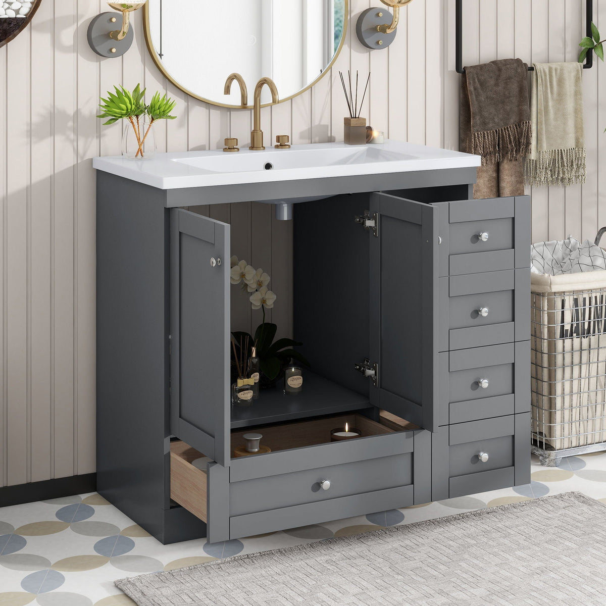 Shaker Free Standing Bathroom Vanity Cabinet With Sink, Soft Close Drawers, Soft Close Doors