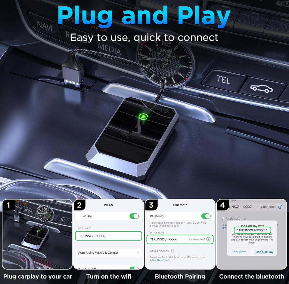 Brand New TERUNSOUI Wireless Carplay Adapter, Converts Wired to Wireless carplay Adapter for iPhone, Wireless Control Plug & Play Carplay for Cars from 2017 & for Apple iPhone iOS 10+