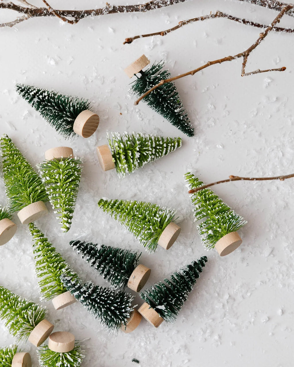 Flocked Mini Green Bottle Brush Trees (Set of 24)