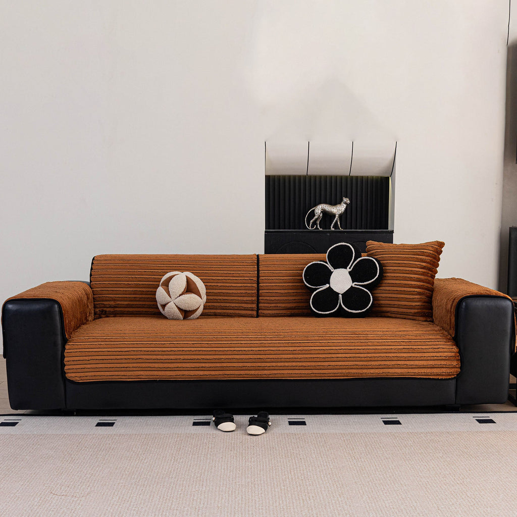 Plush Striped Couch Seat and Backrest Cover, Non-Slip Individual Sofa Protector