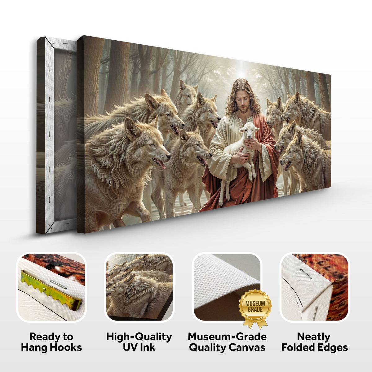 Jesus Protects The Lamb From Wolves Faith Wall Art II