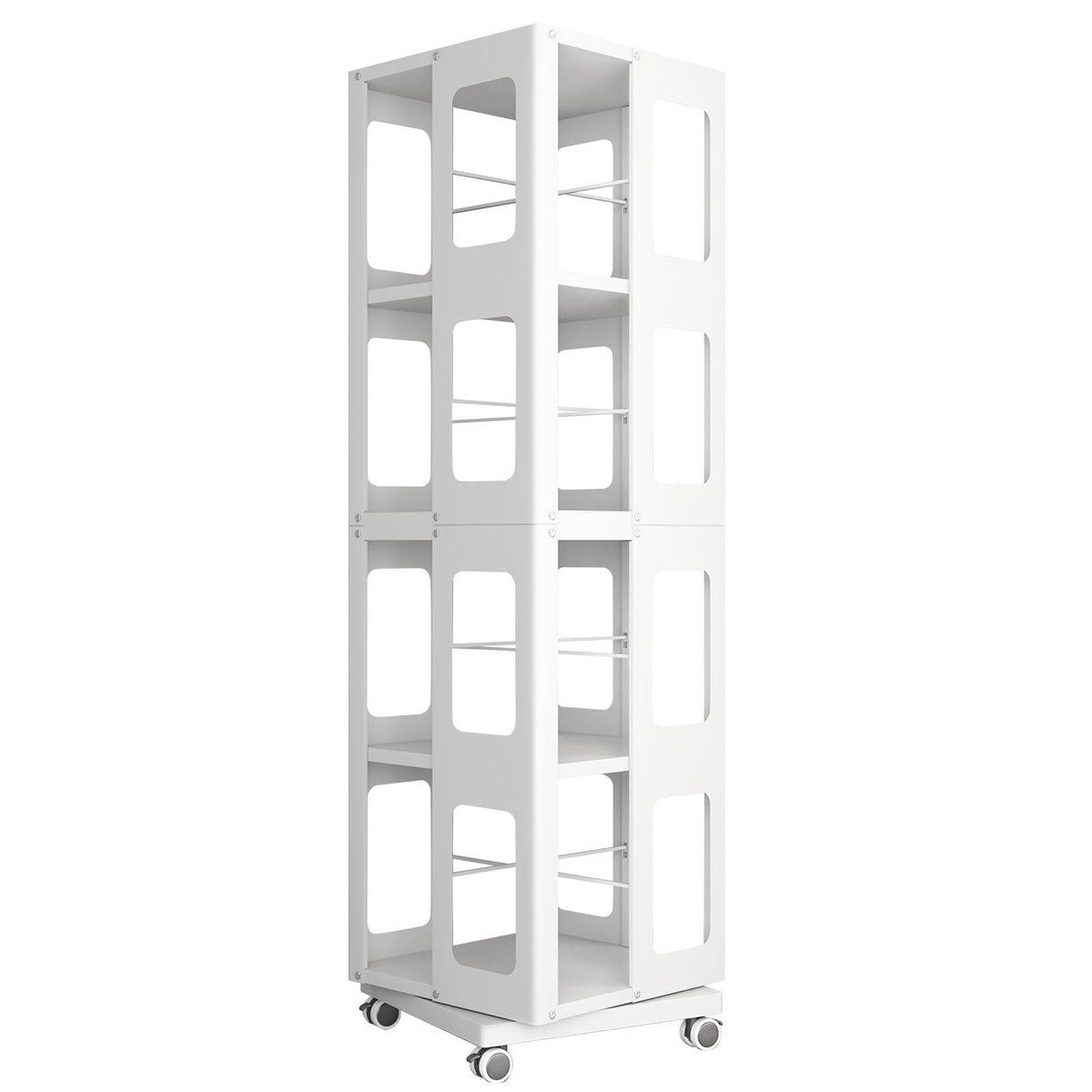 4 Tier All Steel Rotating Bookshelf With 360° Wheels, Large Size Sturdy & Spacious Book Rack, New Style Bookshelf - White