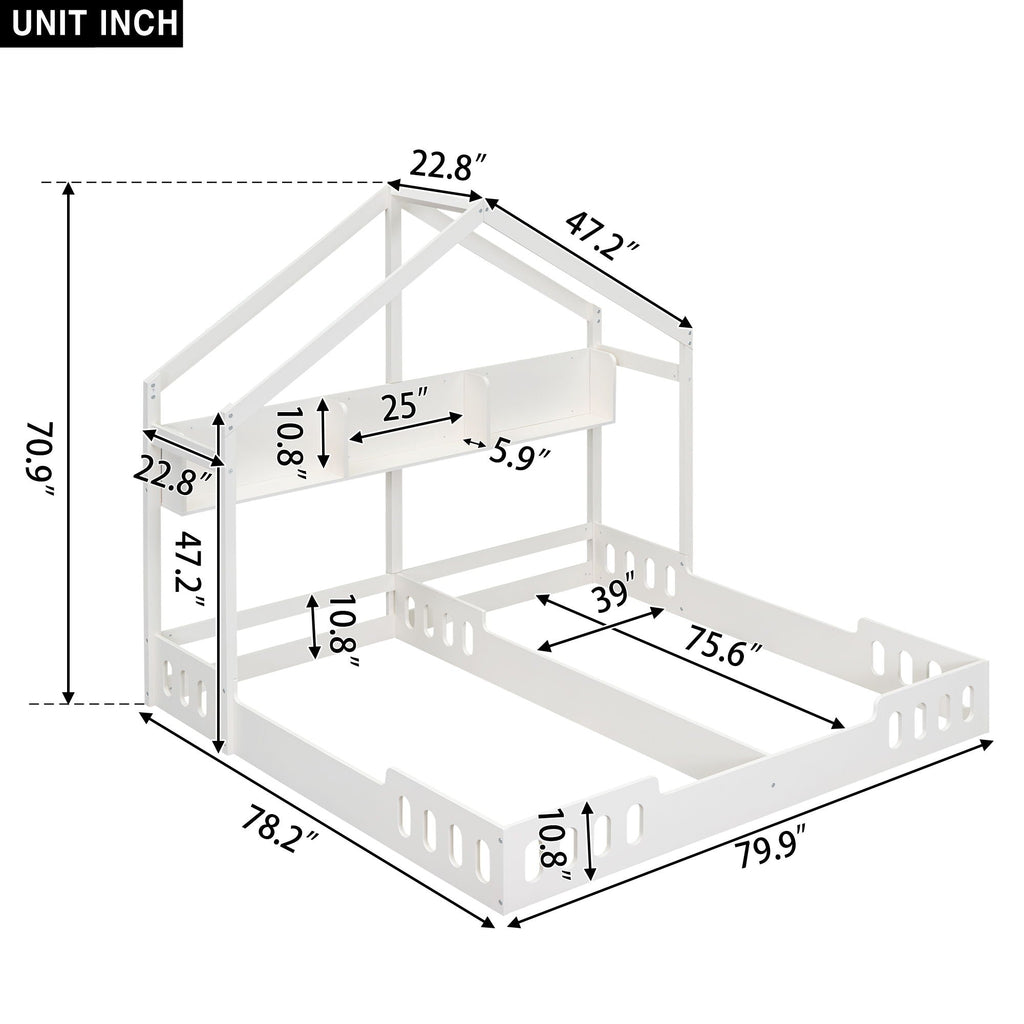 Twin Size Platform Bed With Shared Design, Guardrails, And Built In Shelves - Creamy White