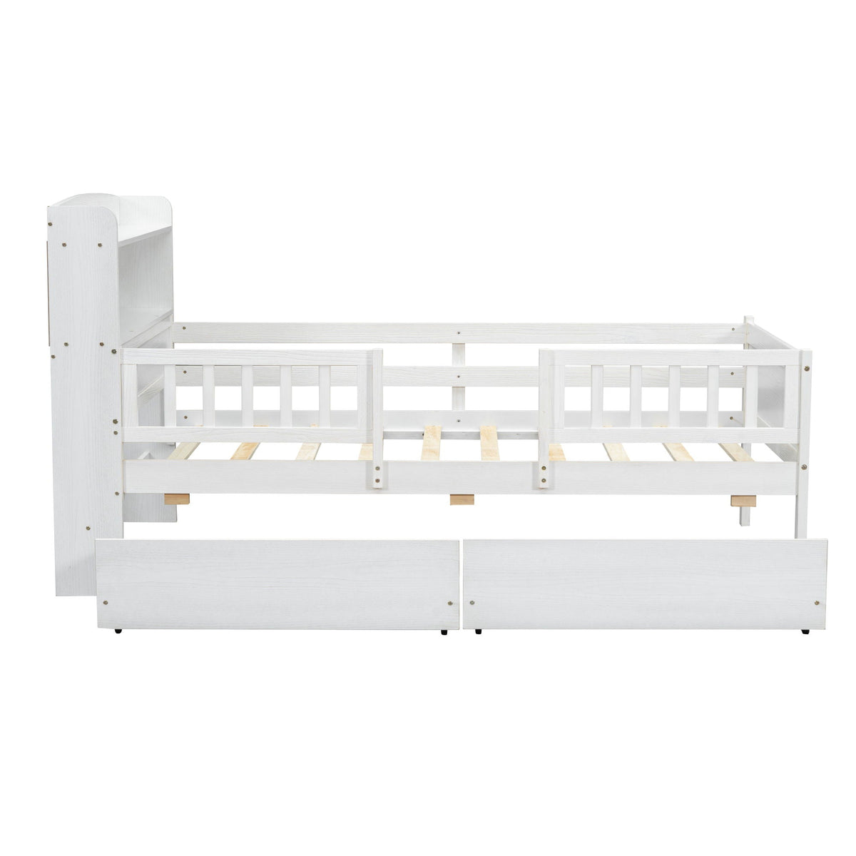 Platform Bed With LED Light, Multi Functional Headboard, Guardrail And 2 Drawers