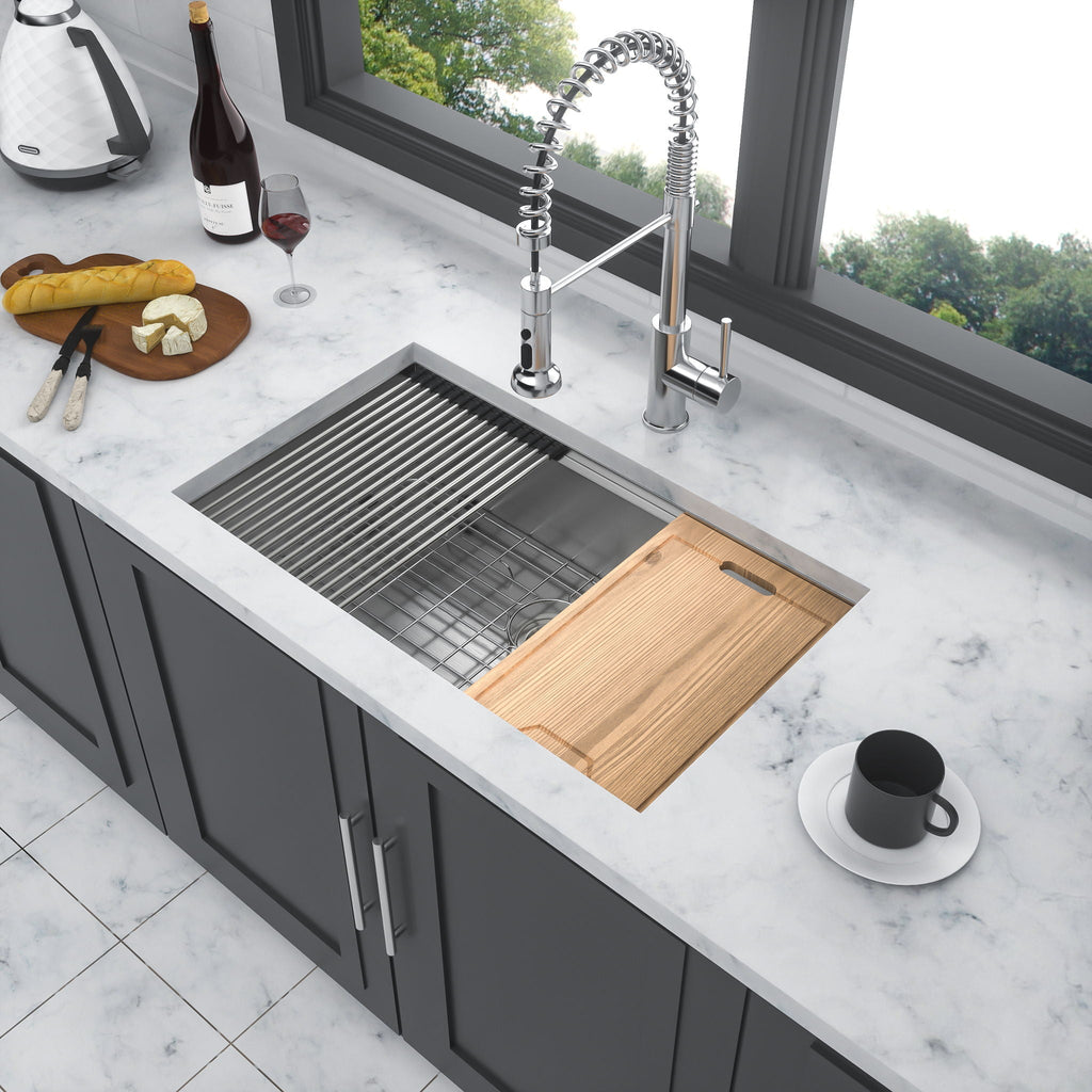 32" Undermount Kitchen Sink Brushed Nickel 16 Gauge Stainless Steel Single Bowl With Ledge Workstation, 32 X 19 X 9 Inch