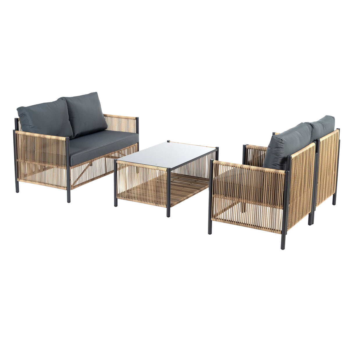 Patio 4-Piece Brown PE Wicker Sofa Set with Grey Cushions
