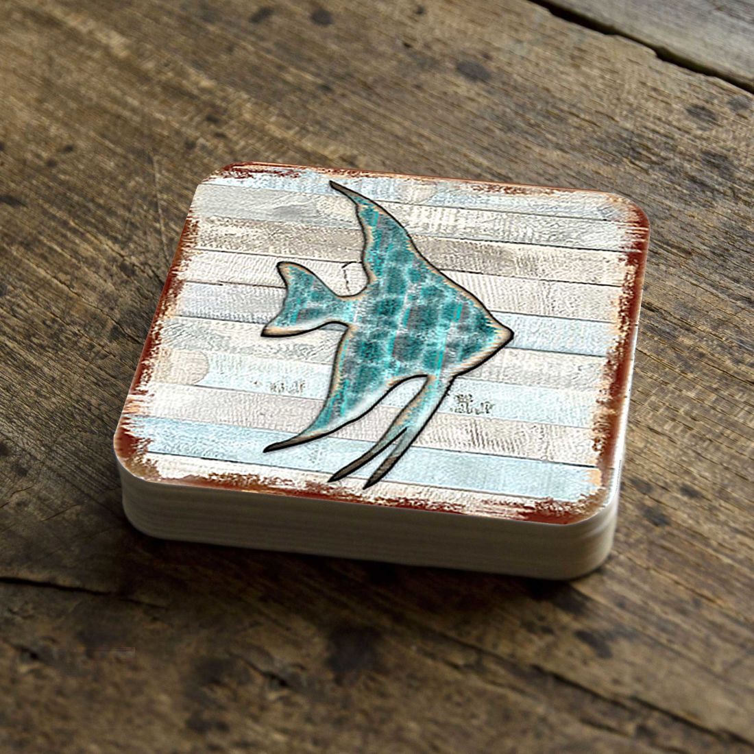 Fish Coastal Wooden Cork Coasters Gift Set of 4 by Nature Wonders - Coastal Sea-Life Decor - 8198537-9C-S4