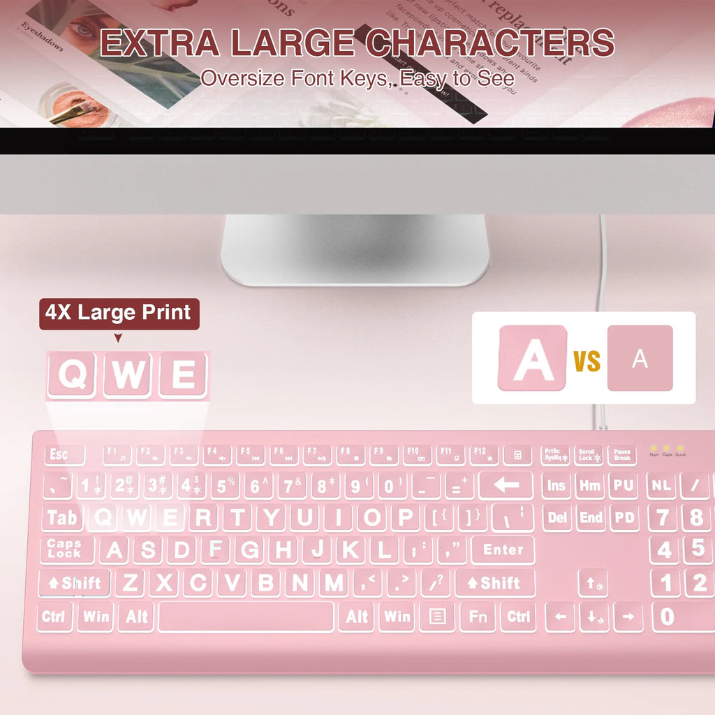 Large Print Backlit Keyboard - Wired USB Lighted Computer Keyboard for Laptops,Pink