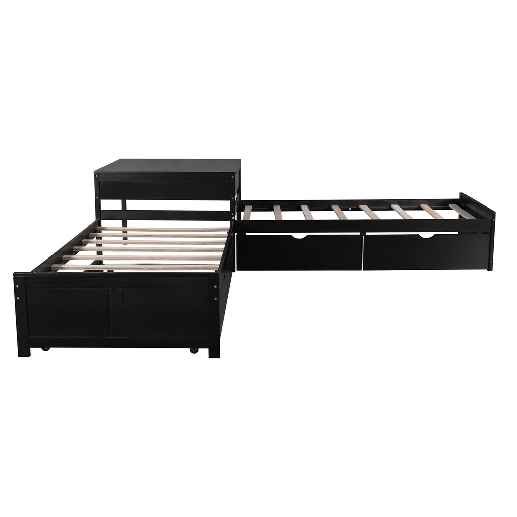 L Shaped Platform Bed With Trundle And Drawers Linked With Built In Desk