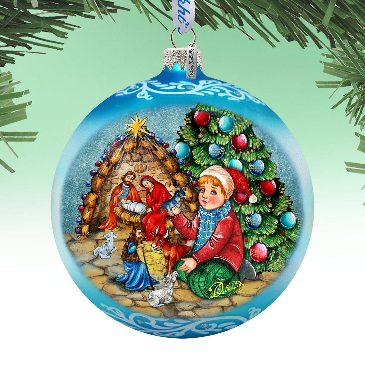 Nativity by the Christmas Tree Lg Glass Ornament in Blue by G.Debrekht - Christmas Decor - 73930B