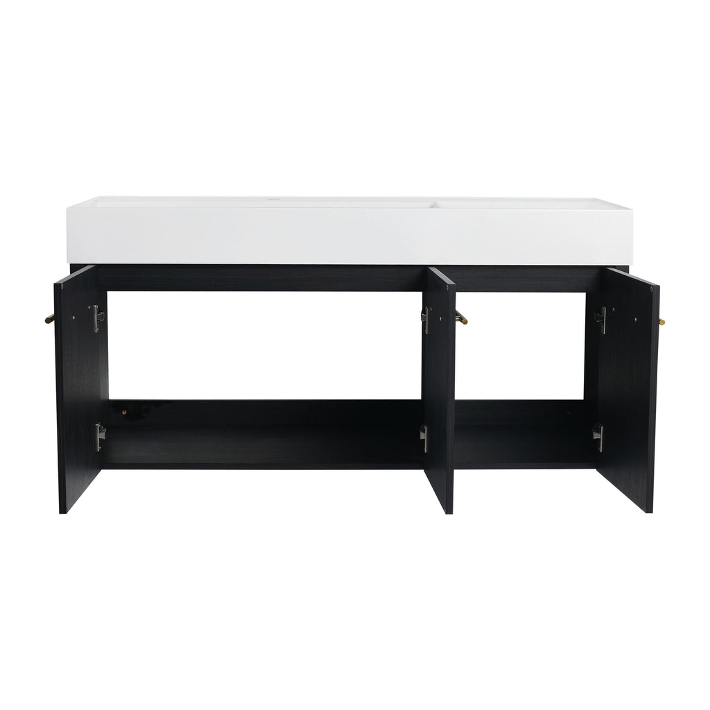 Contemporary 48" Wall Mounted Bathroom Vanity With Resin Sink And Soft Closing Doors And Line - Black Chestnut