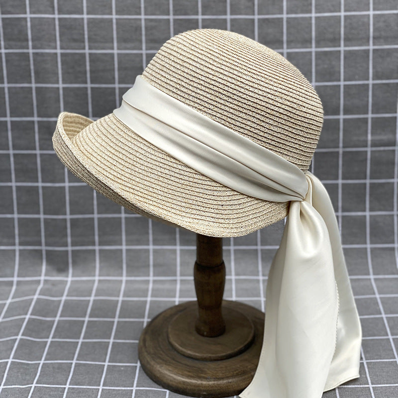 Japanese Style Curling Front Big Back Small Satin Ribbon Bucket Hat Summer Straw Hat Female Bucket Hat Sun-proof Beach Hat Tide